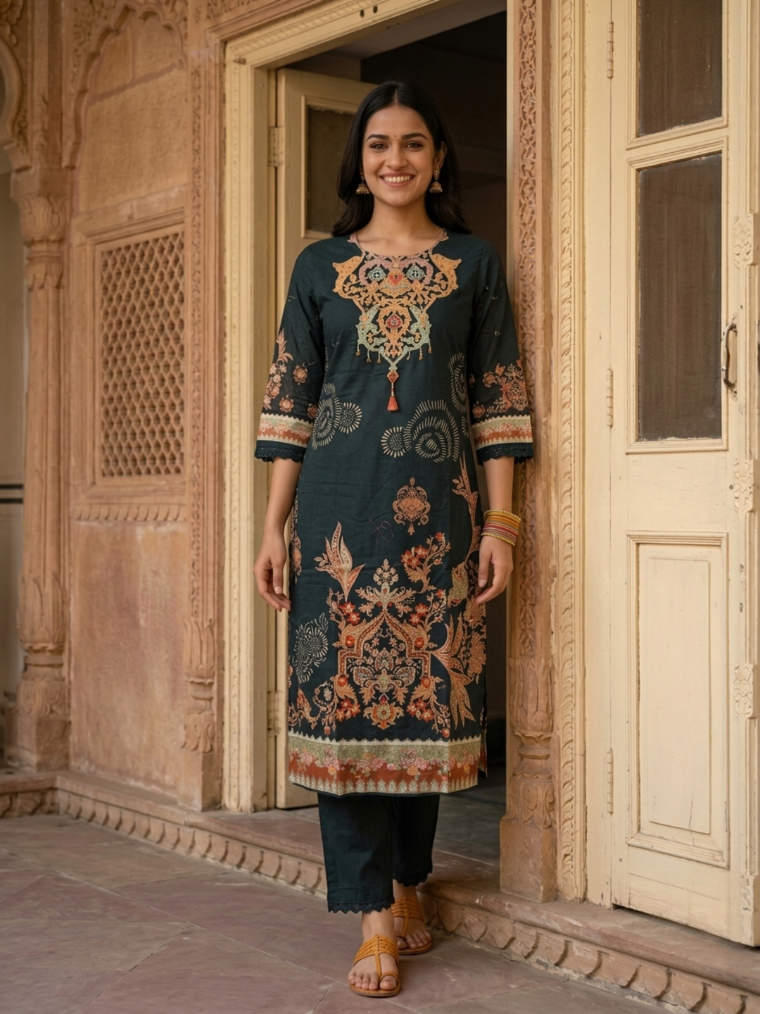 Black Floral Printed Cotton Straight Kurta Set with Mirror Work, Round Neck, Pant & Printed Pure Cotton Dupatta