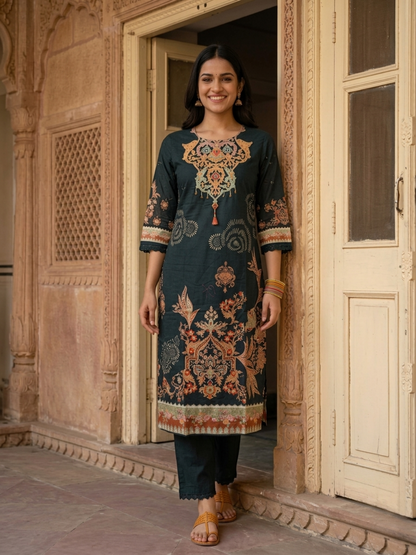 Black Floral Printed Cotton Straight Kurta Set with Mirror Work, Round Neck, Pant & Printed Pure Cotton Dupatta