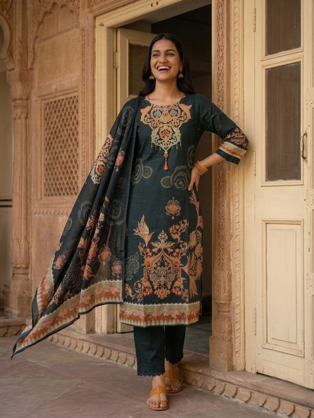 Black Floral Printed Cotton Straight Kurta Set with Mirror Work, Round Neck, Pant & Printed Pure Cotton Dupatta