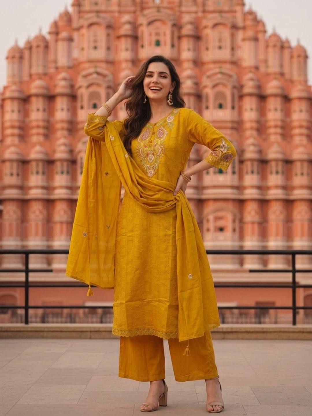 Mustard Yellow Solid Cotton A-Line Kurta Set with Floral Embroidery, Round Neck, Palazzo & Pure Cotton Tassel Dupatta