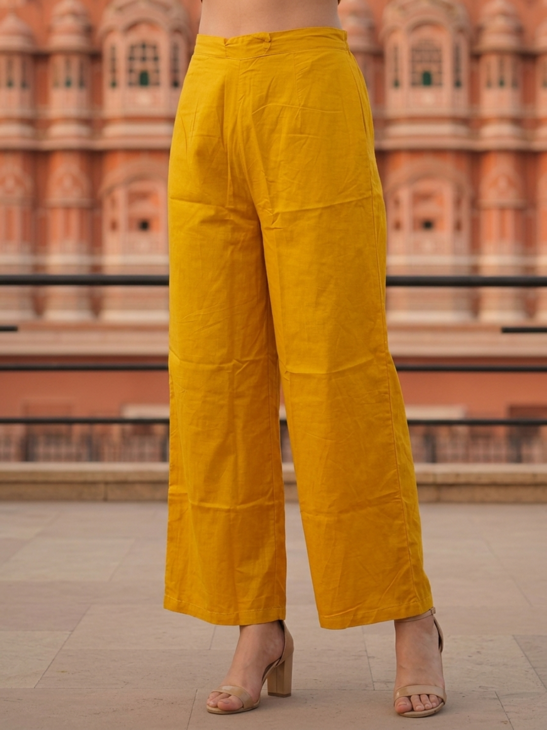 Mustard Yellow Solid Cotton A-Line Kurta Set with Floral Embroidery, Round Neck, Palazzo & Pure Cotton Tassel Dupatta