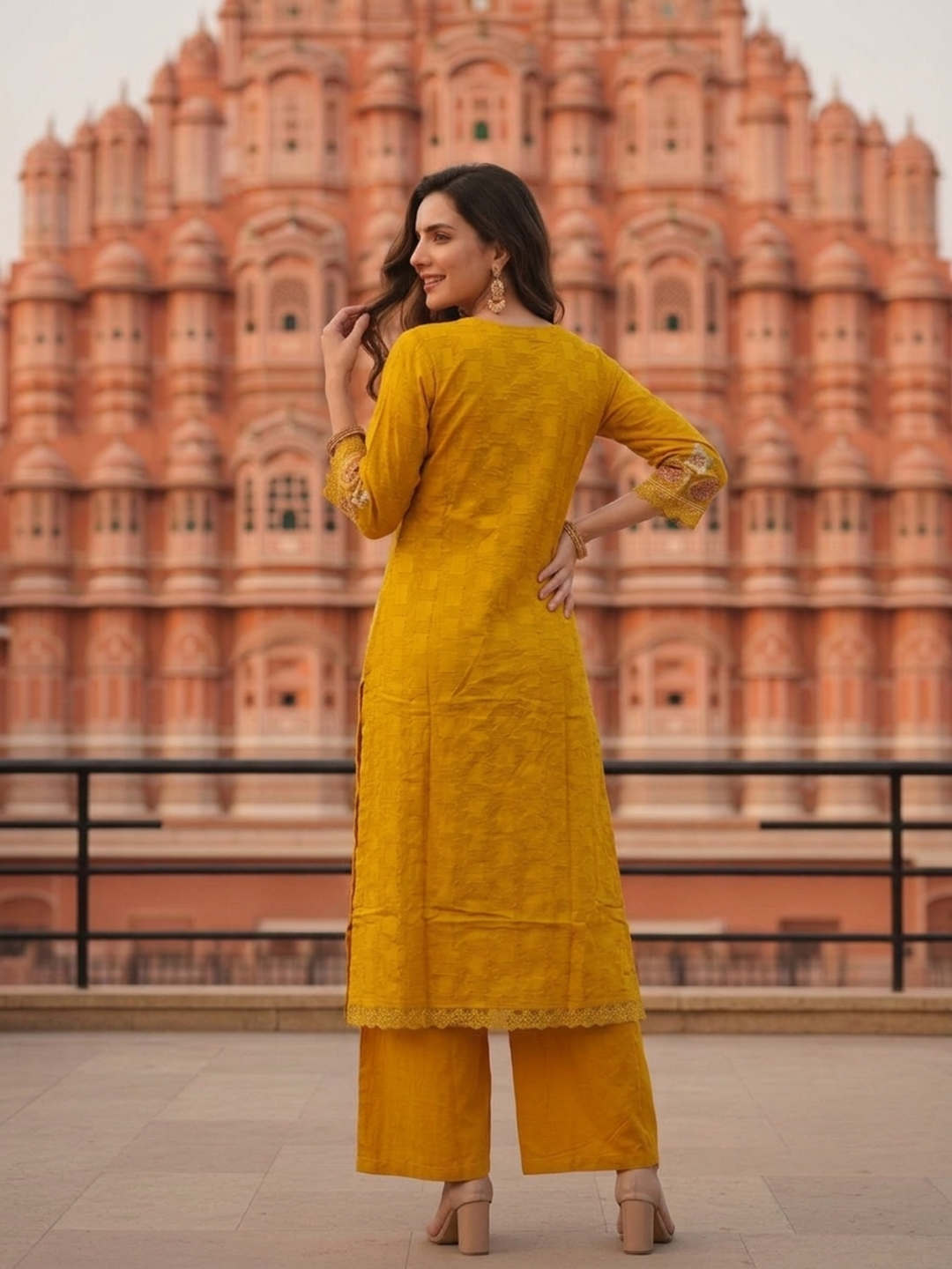 Mustard Yellow Solid Cotton A-Line Kurta Set with Floral Embroidery, Round Neck, Palazzo & Pure Cotton Tassel Dupatta