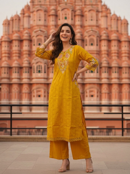 Mustard Yellow Solid Cotton A-Line Kurta Set with Floral Embroidery, Round Neck, Palazzo & Pure Cotton Tassel Dupatta
