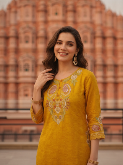 Mustard Yellow Solid Cotton A-Line Kurta Set with Floral Embroidery, Round Neck, Palazzo & Pure Cotton Tassel Dupatta