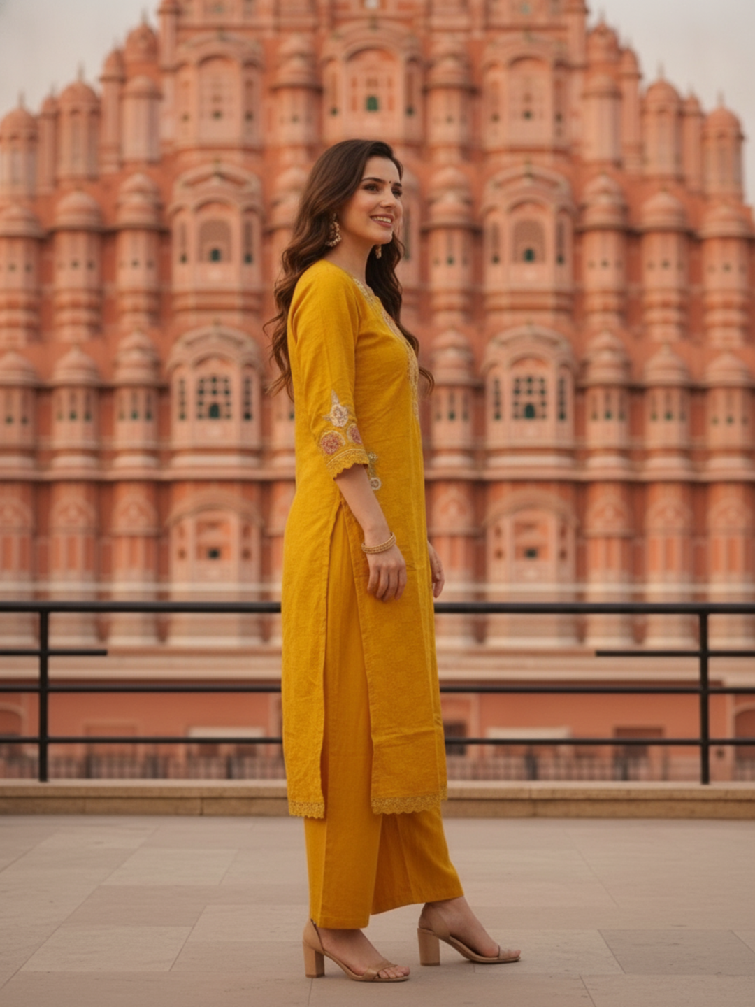 Mustard Yellow Solid Cotton A-Line Kurta Set with Floral Embroidery, Round Neck, Palazzo & Pure Cotton Tassel Dupatta