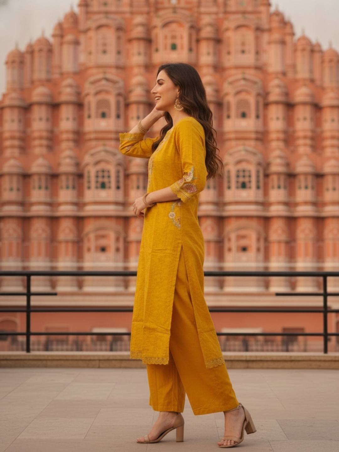 Mustard Yellow Solid Cotton A-Line Kurta Set with Floral Embroidery, Round Neck, Palazzo & Pure Cotton Tassel Dupatta