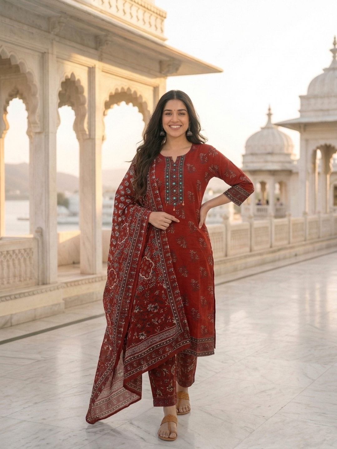 Maroon Floral Printed Cotton Straight Kurta Set with Mirror Work, Round Neck, Palazzo & Printed Cotton Blend Dupatta