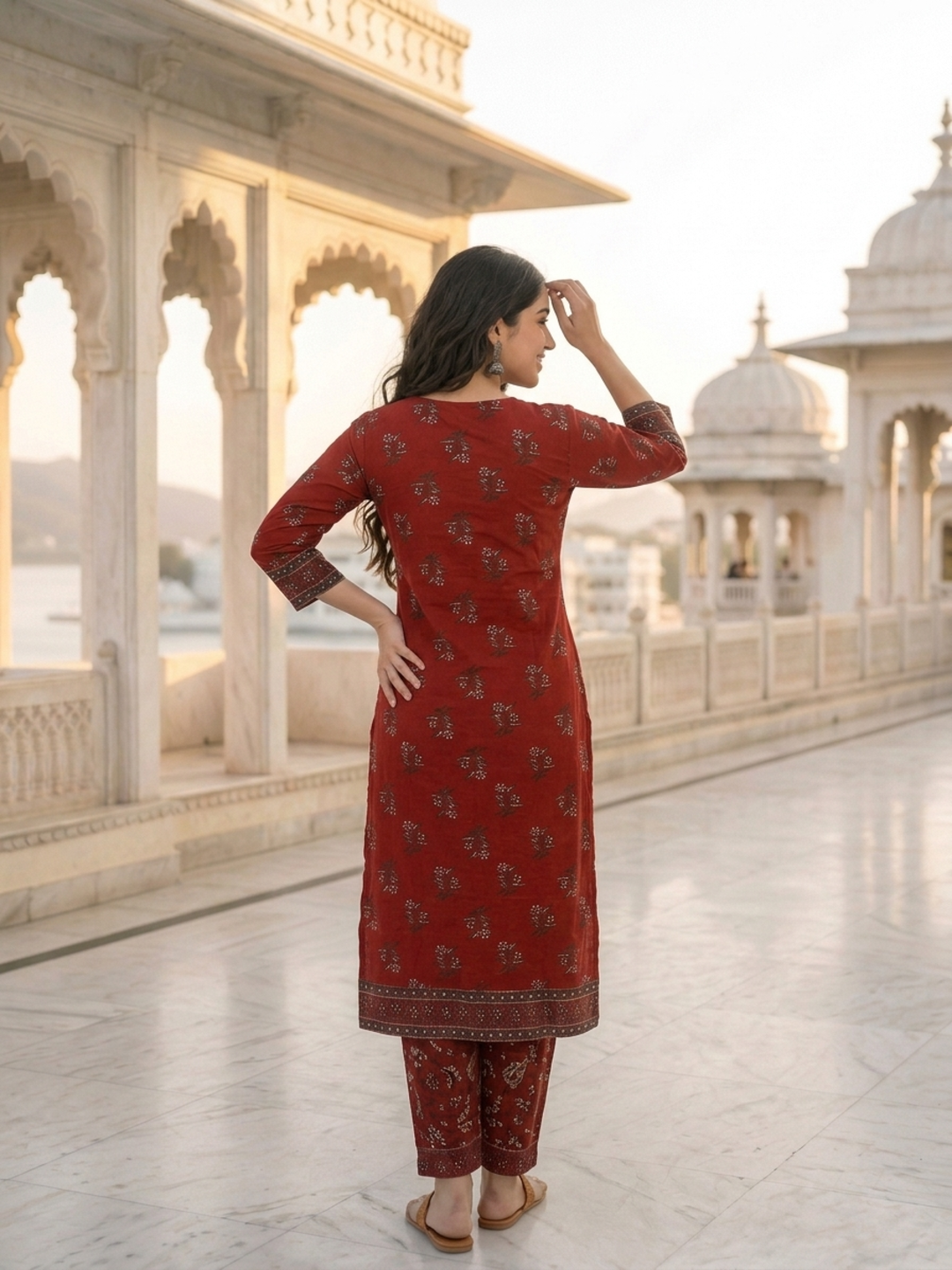 Maroon Floral Printed Cotton Straight Kurta Set with Mirror Work, Round Neck, Palazzo & Printed Cotton Blend Dupatta