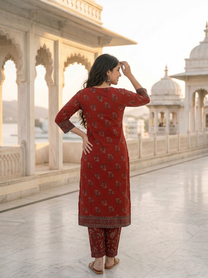 Maroon Floral Printed Cotton Straight Kurta Set with Mirror Work, Round Neck, Palazzo & Printed Cotton Blend Dupatta