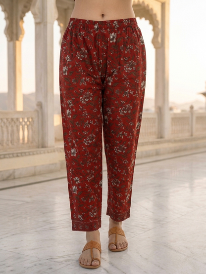 Maroon Floral Printed Cotton Straight Kurta Set with Mirror Work, Round Neck, Palazzo & Printed Cotton Blend Dupatta