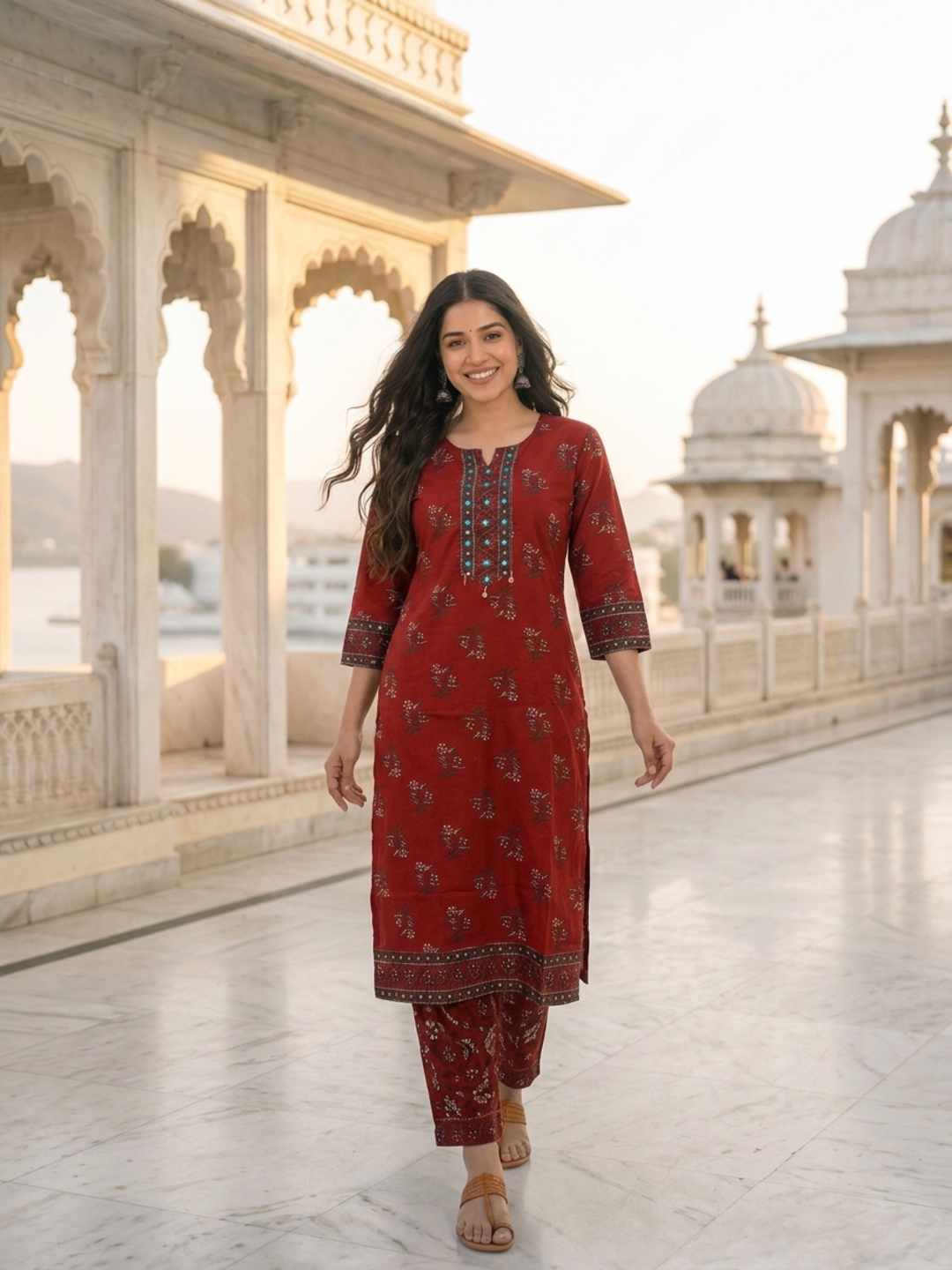 Maroon Floral Printed Cotton Straight Kurta Set with Mirror Work, Round Neck, Palazzo & Printed Cotton Blend Dupatta