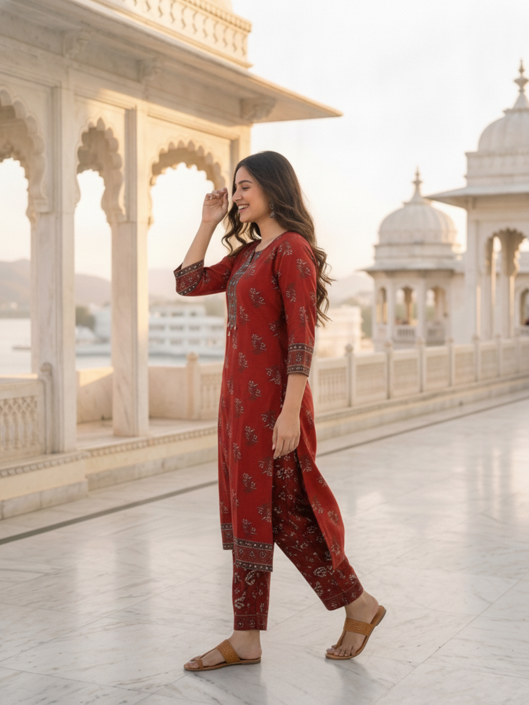 Maroon Floral Printed Cotton Straight Kurta Set with Mirror Work, Round Neck, Palazzo & Printed Cotton Blend Dupatta