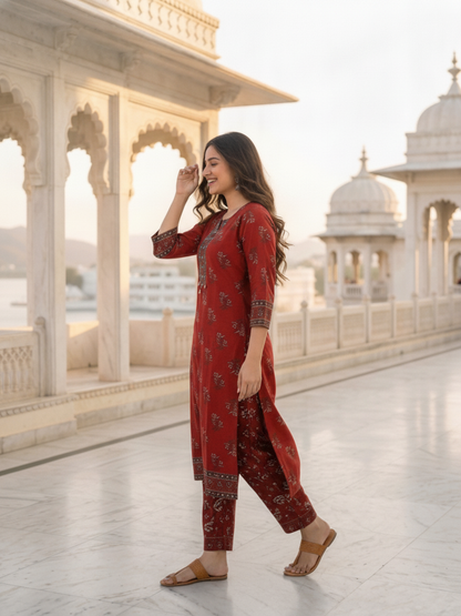 Maroon Floral Printed Cotton Straight Kurta Set with Mirror Work, Round Neck, Palazzo & Printed Cotton Blend Dupatta