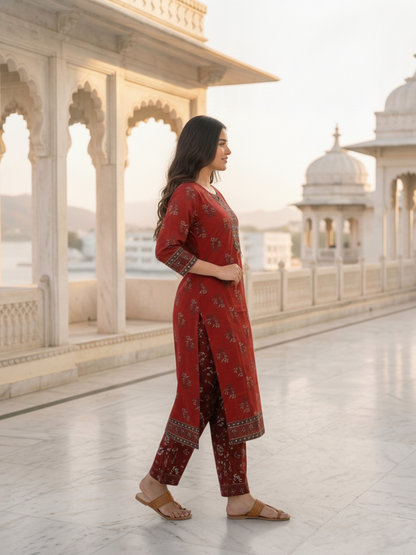 Maroon Floral Printed Cotton Straight Kurta Set with Mirror Work, Round Neck, Palazzo & Printed Cotton Blend Dupatta