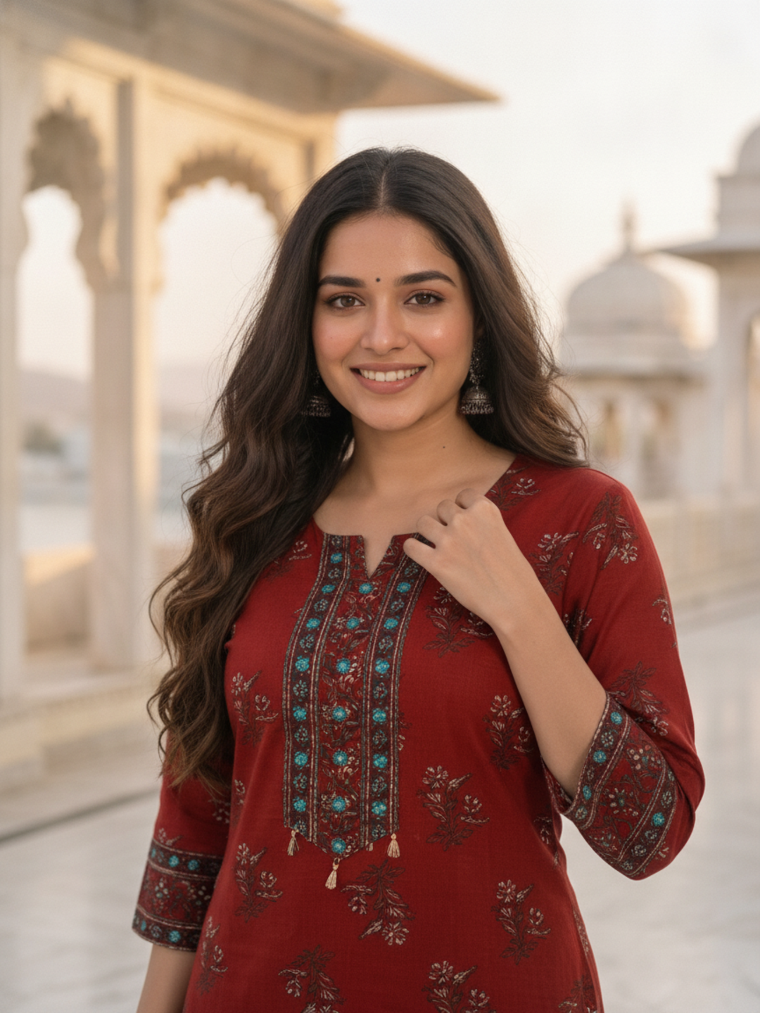 Maroon Floral Printed Cotton Straight Kurta Set with Mirror Work, Round Neck, Palazzo & Printed Cotton Blend Dupatta