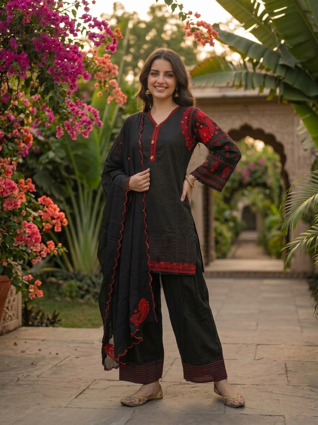 Black Solid Cotton Straight Kurta Set with Ethnic Embroidery, V-Neck, Salwar & Pure Cotton Dupatta