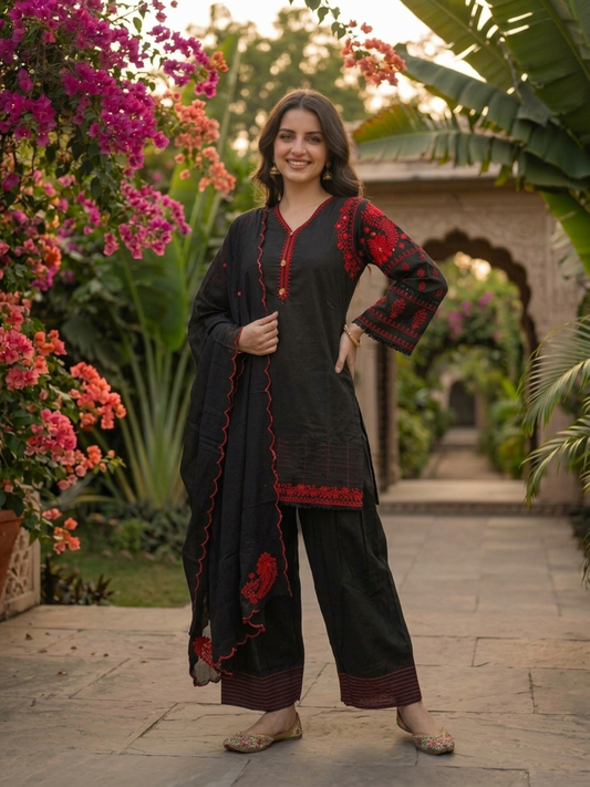Black Solid Cotton Straight Kurta Set with Ethnic Embroidery, V-Neck, Salwar & Pure Cotton Dupatta
