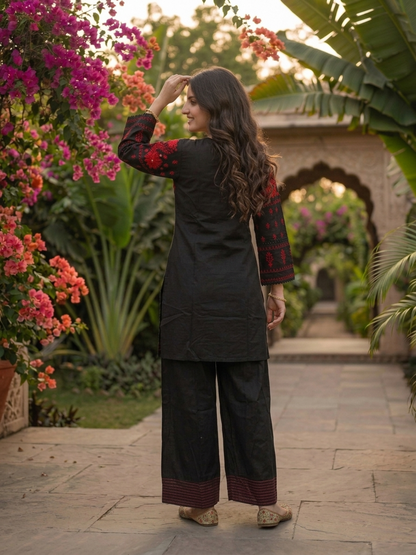 Black Solid Cotton Straight Kurta Set with Ethnic Embroidery, V-Neck, Salwar & Pure Cotton Dupatta