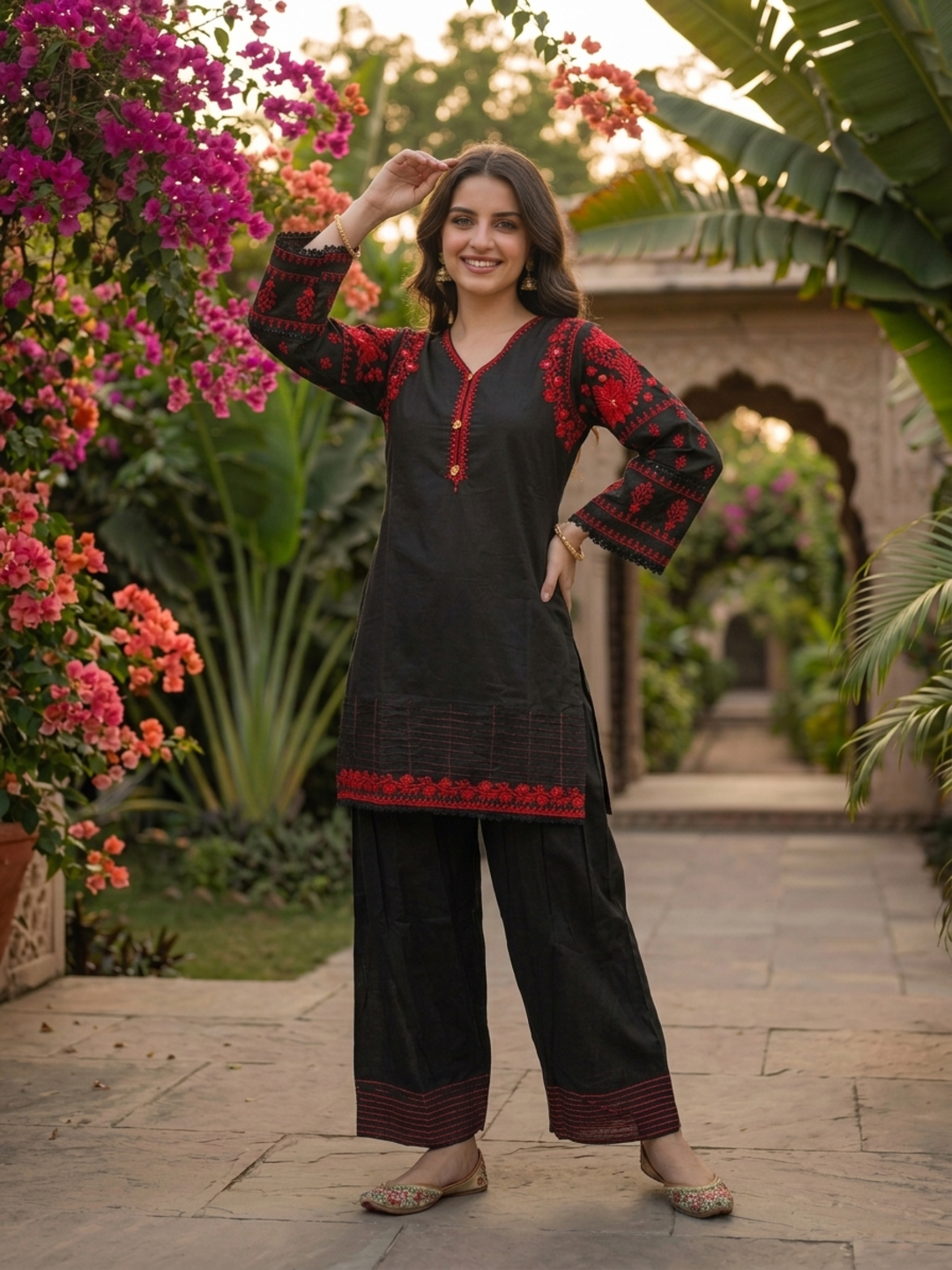 Black Solid Cotton Straight Kurta Set with Ethnic Embroidery, V-Neck, Salwar & Pure Cotton Dupatta
