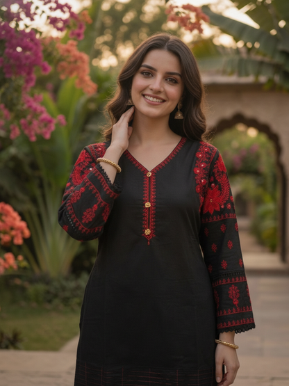 Black Solid Cotton Straight Kurta Set with Ethnic Embroidery, V-Neck, Salwar & Pure Cotton Dupatta