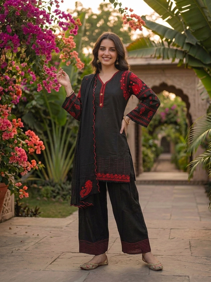 Black Solid Cotton Straight Kurta Set with Ethnic Embroidery, V-Neck, Salwar & Pure Cotton Dupatta