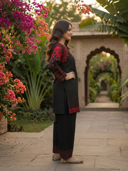 Black Solid Cotton Straight Kurta Set with Ethnic Embroidery, V-Neck, Salwar & Pure Cotton Dupatta