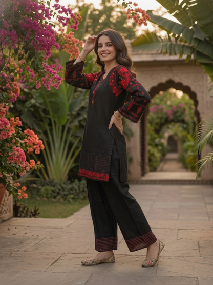 Black Solid Cotton Straight Kurta Set with Ethnic Embroidery, V-Neck, Salwar & Pure Cotton Dupatta
