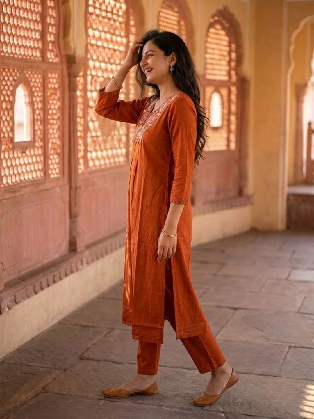 Rust Solid Cotton A-Line Pleated Kurta Set with Mirror & Threadwork Embroidery, V-Neck, Trouser & Pure Cotton Mirror Dupatta