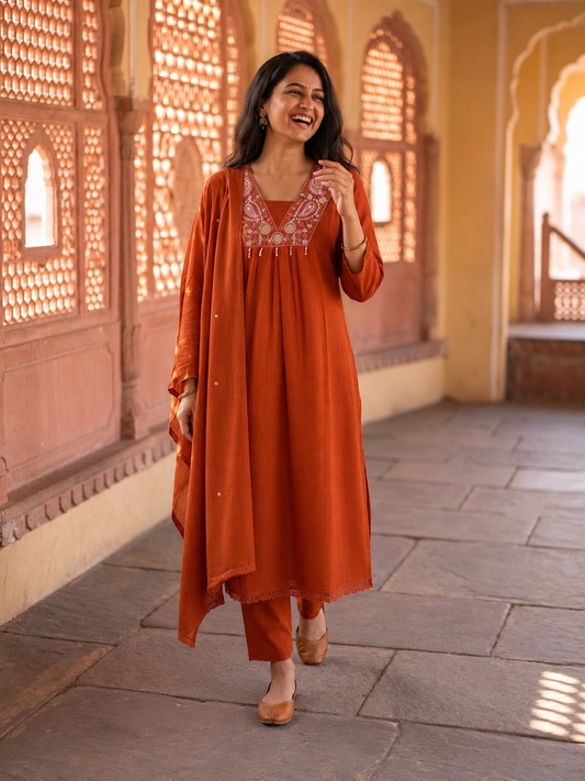 Rust Solid Cotton A-Line Pleated Kurta Set with Mirror & Threadwork Embroidery, V-Neck, Trouser & Pure Cotton Mirror Dupatta