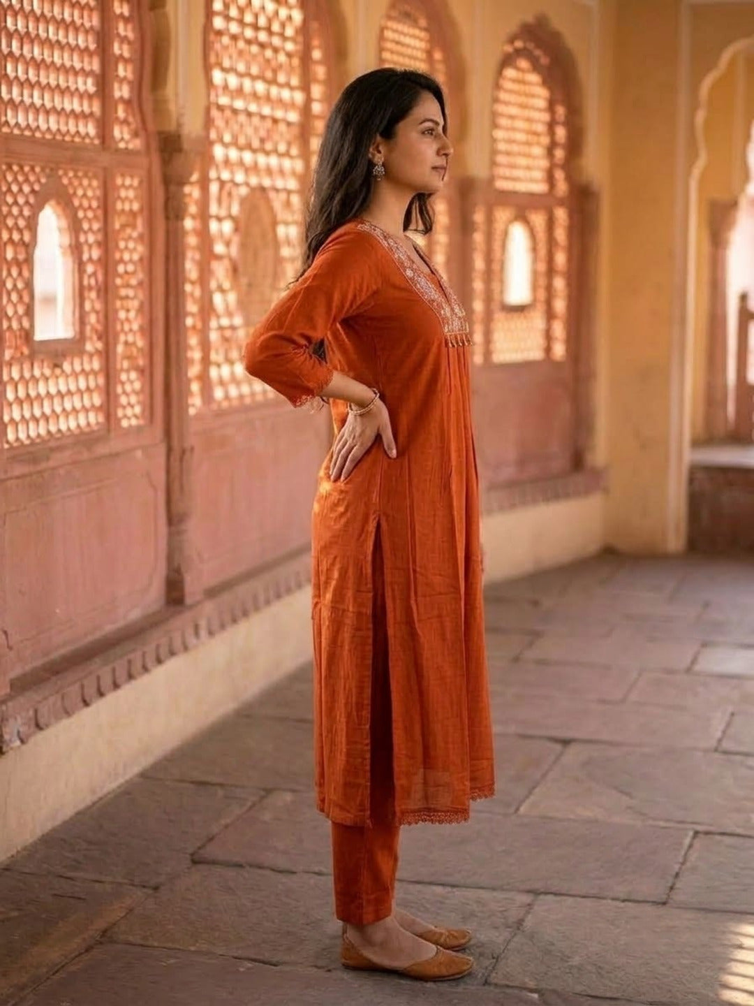 Rust Solid Cotton A-Line Pleated Kurta Set with Mirror & Threadwork Embroidery, V-Neck, Trouser & Pure Cotton Mirror Dupatta