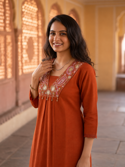 Rust Solid Cotton A-Line Pleated Kurta Set with Mirror & Threadwork Embroidery, V-Neck, Trouser & Pure Cotton Mirror Dupatta