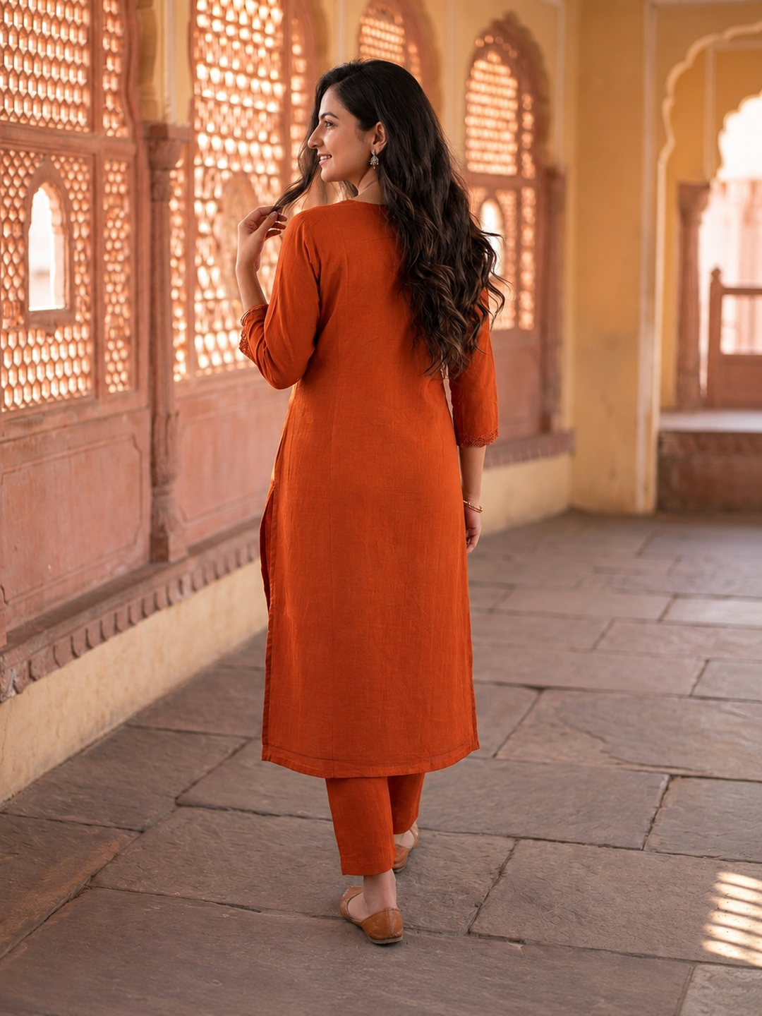 Rust Solid Cotton A-Line Pleated Kurta Set with Mirror & Threadwork Embroidery, V-Neck, Trouser & Pure Cotton Mirror Dupatta