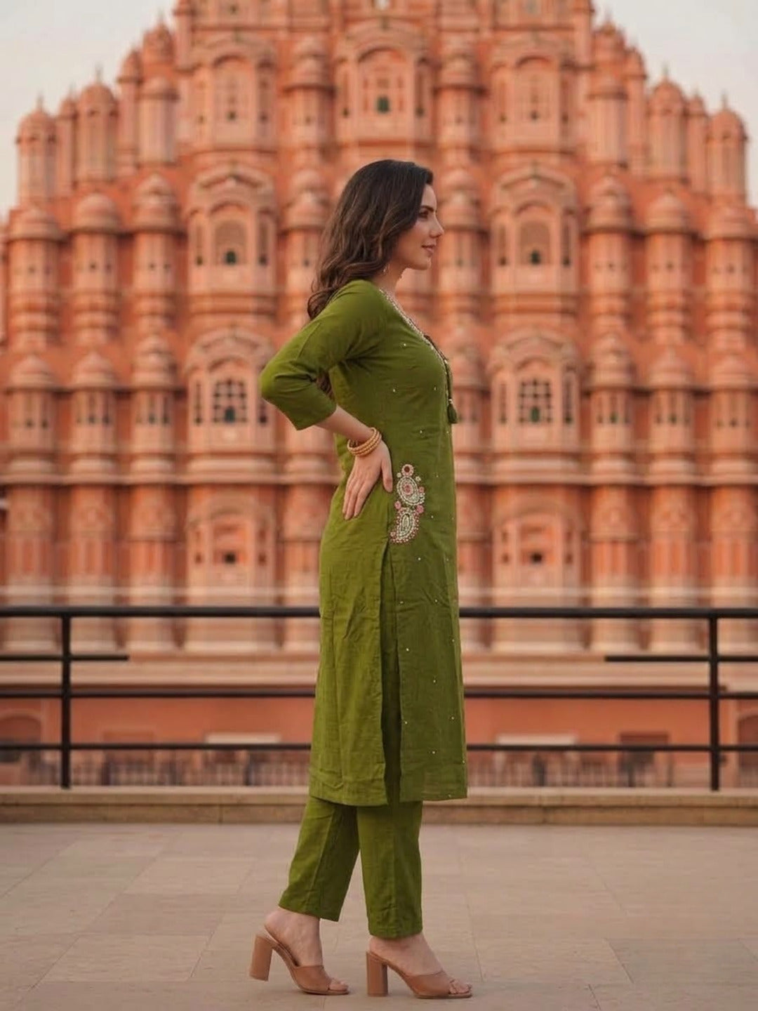 Olive Green Solid Cotton A-Line Kurta Set with Floral Mirror Embroidery, V-Neck, Pant & Pure Cotton Dupatta