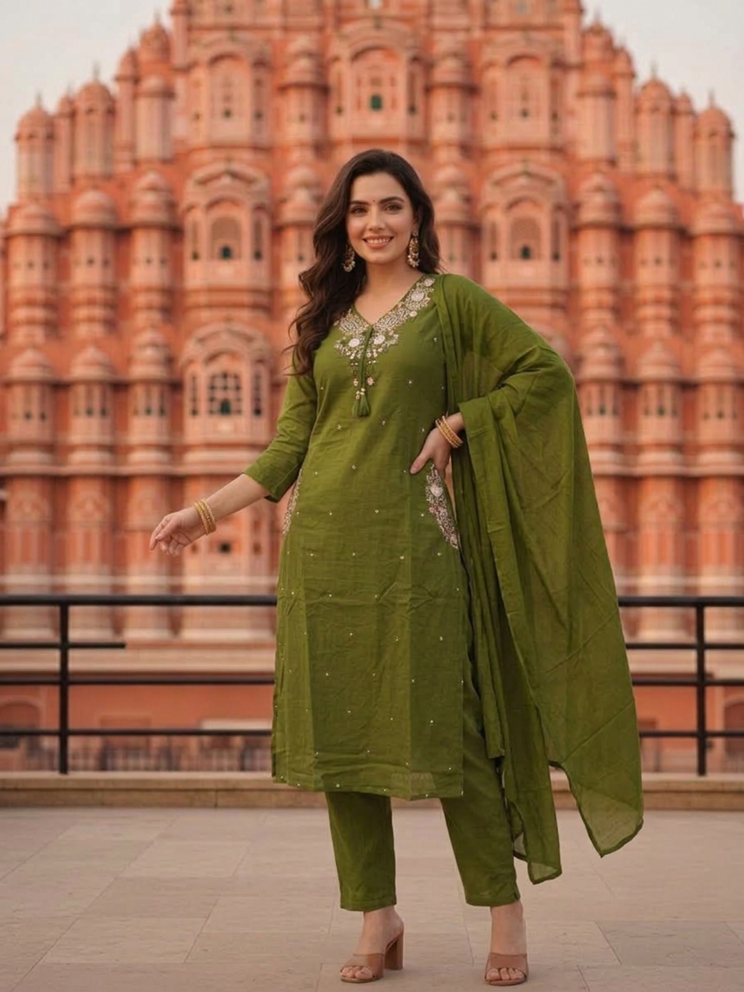 Olive Green Solid Cotton A-Line Kurta Set with Floral Mirror Embroidery, V-Neck, Pant & Pure Cotton Dupatta