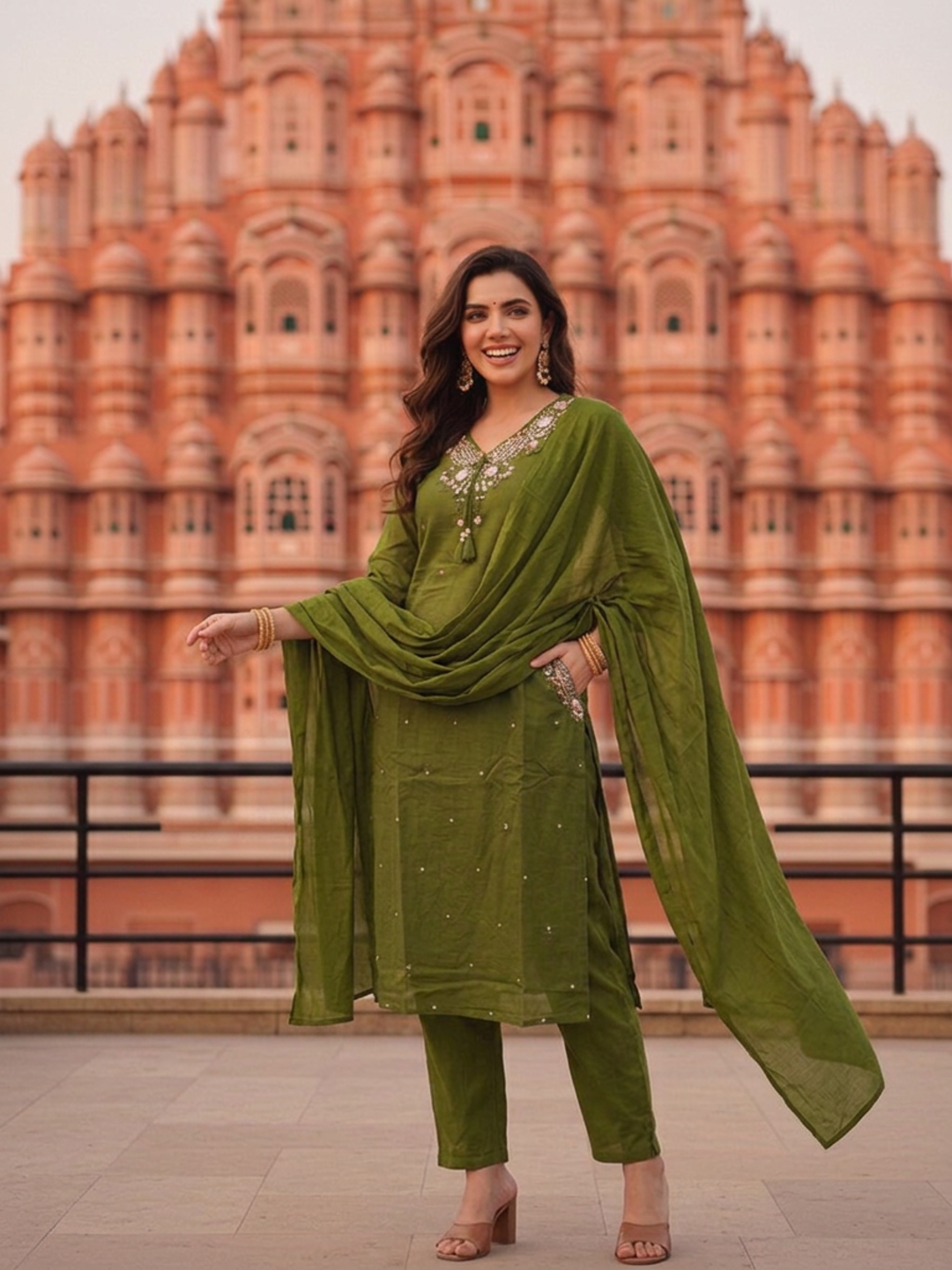 Olive Green Solid Cotton A-Line Kurta Set with Floral Mirror Embroidery, V-Neck, Pant & Pure Cotton Dupatta