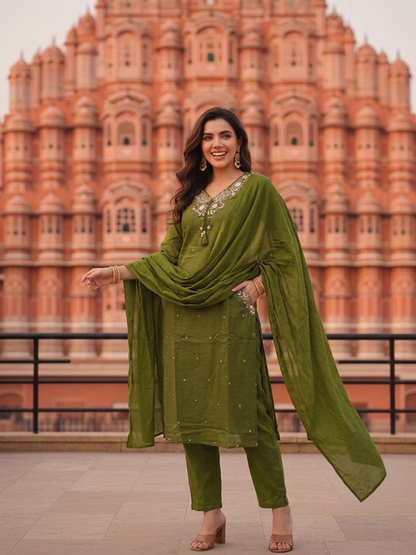 Olive Green Solid Cotton A-Line Kurta Set with Floral Mirror Embroidery, V-Neck, Pant & Pure Cotton Dupatta