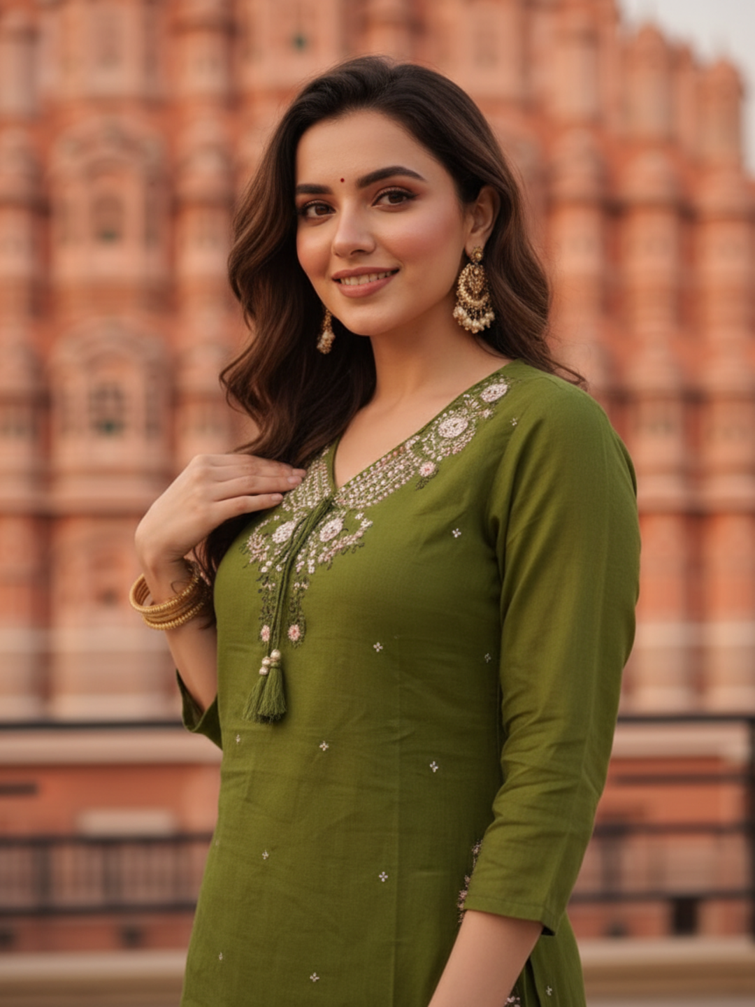 Olive Green Solid Cotton A-Line Kurta Set with Floral Mirror Embroidery, V-Neck, Pant & Pure Cotton Dupatta