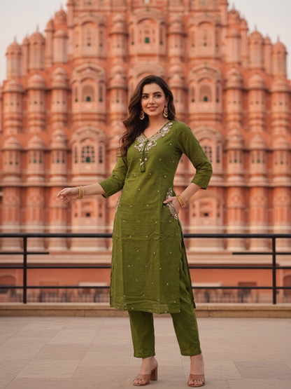 Olive Green Solid Cotton A-Line Kurta Set with Floral Mirror Embroidery, V-Neck, Pant & Pure Cotton Dupatta
