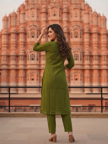 Olive Green Solid Cotton A-Line Kurta Set with Floral Mirror Embroidery, V-Neck, Pant & Pure Cotton Dupatta
