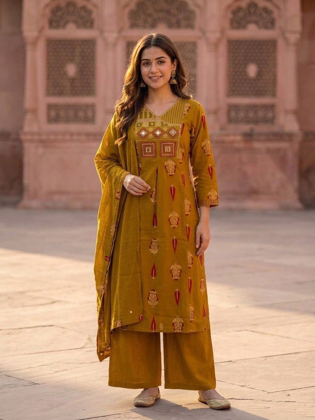 Mustard Ethnic Floral Printed Cotton A-Line Kurta Set with Mirror Work, Threadwork Embroidery, V-Neck, Palazzo & Pure Cotton Dupatta