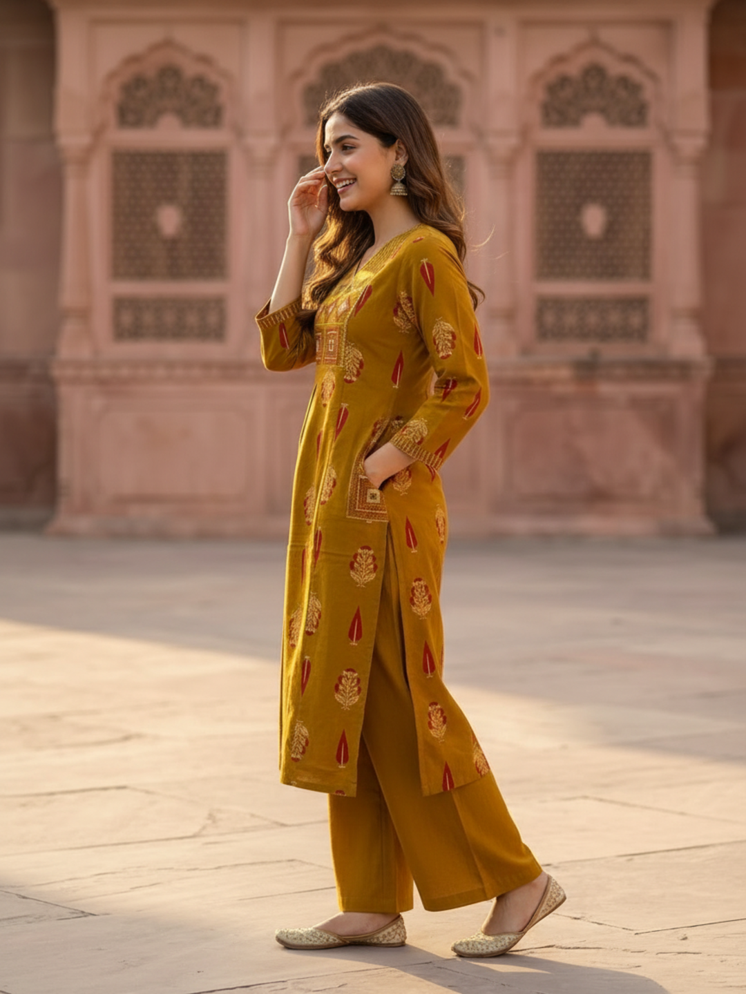 Mustard Ethnic Floral Printed Cotton A-Line Kurta Set with Mirror Work, Threadwork Embroidery, V-Neck, Palazzo & Pure Cotton Dupatta