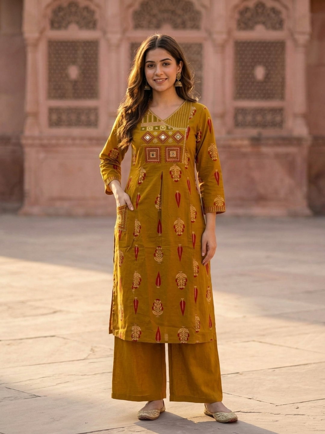 Mustard Ethnic Floral Printed Cotton A-Line Kurta Set with Mirror Work, Threadwork Embroidery, V-Neck, Palazzo & Pure Cotton Dupatta