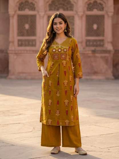 Mustard Ethnic Floral Printed Cotton A-Line Kurta Set with Mirror Work, Threadwork Embroidery, V-Neck, Palazzo & Pure Cotton Dupatta