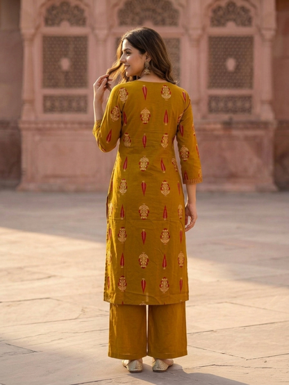 Mustard Ethnic Floral Printed Cotton A-Line Kurta Set with Mirror Work, Threadwork Embroidery, V-Neck, Palazzo & Pure Cotton Dupatta