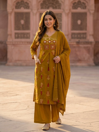 Mustard Ethnic Floral Printed Cotton A-Line Kurta Set with Mirror Work, Threadwork Embroidery, V-Neck, Palazzo & Pure Cotton Dupatta