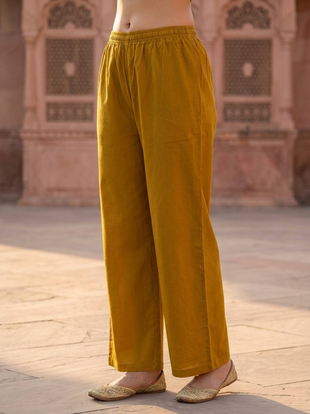 Mustard Ethnic Floral Printed Cotton A-Line Kurta Set with Mirror Work, Threadwork Embroidery, V-Neck, Palazzo & Pure Cotton Dupatta