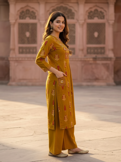 Mustard Ethnic Floral Printed Cotton A-Line Kurta Set with Mirror Work, Threadwork Embroidery, V-Neck, Palazzo & Pure Cotton Dupatta