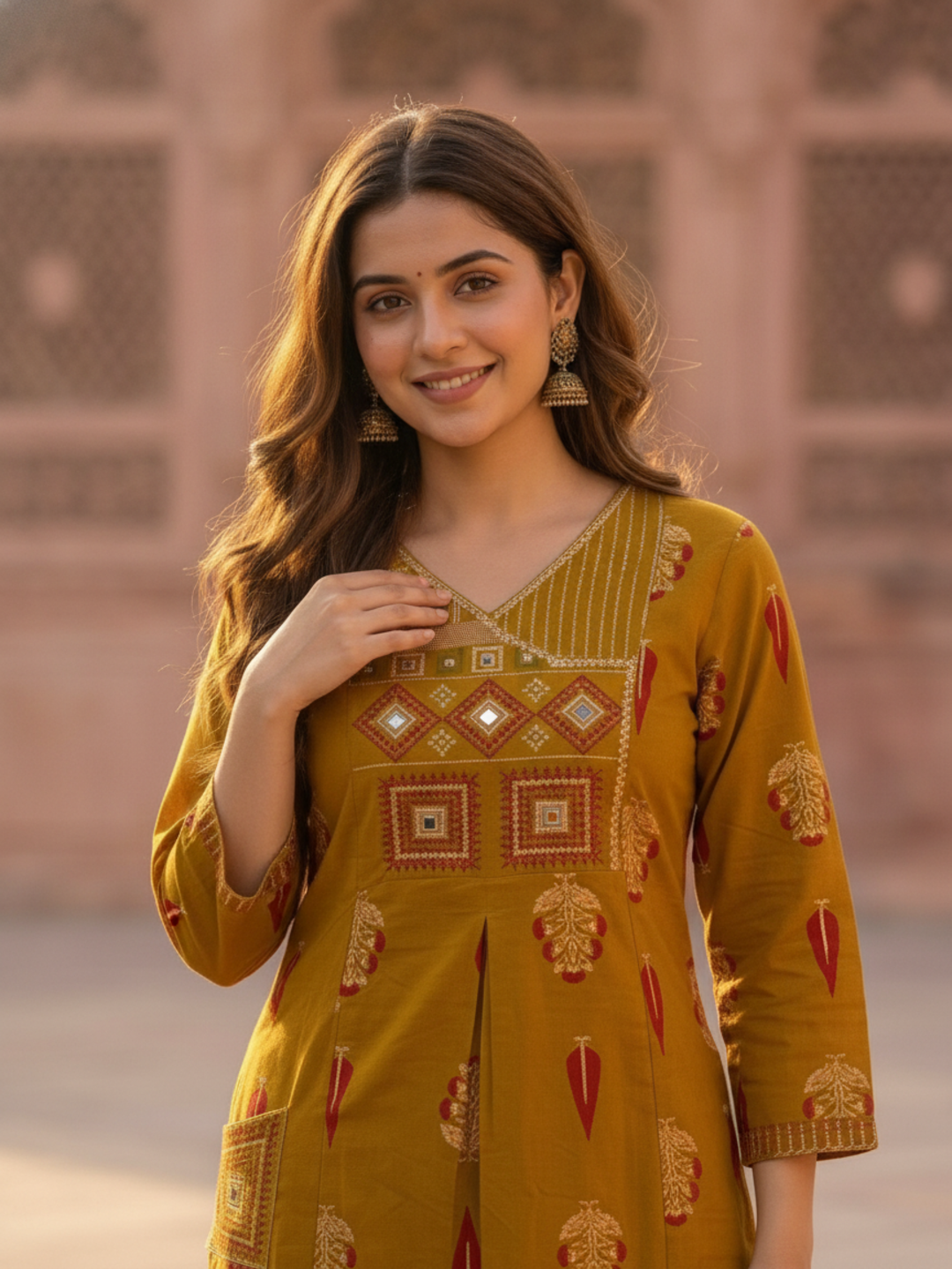 Mustard Ethnic Floral Printed Cotton A-Line Kurta Set with Mirror Work, Threadwork Embroidery, V-Neck, Palazzo & Pure Cotton Dupatta