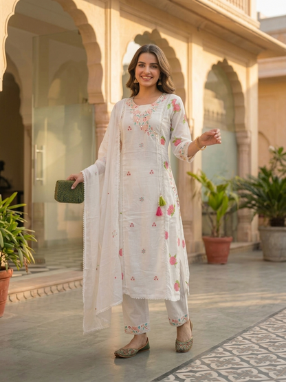 Off White Floral Printed Cotton A-Line Kurta Set with Mirror Work, Threadwork Embroidery, V-Neck, Trouser & Crochet Lace Pure Cotton Dupatta