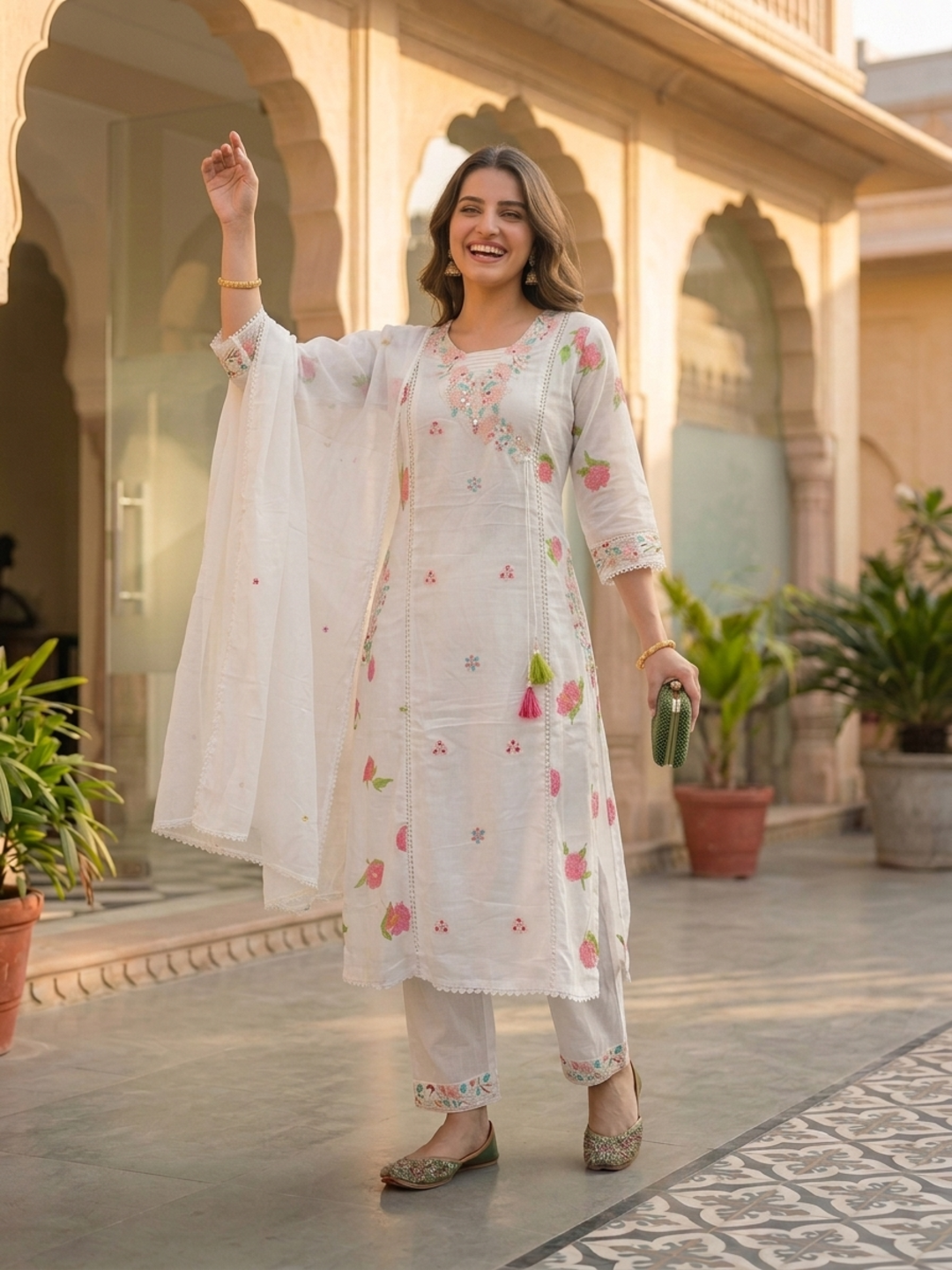 Off White Floral Printed Cotton A-Line Kurta Set with Mirror Work, Threadwork Embroidery, V-Neck, Trouser & Crochet Lace Pure Cotton Dupatta